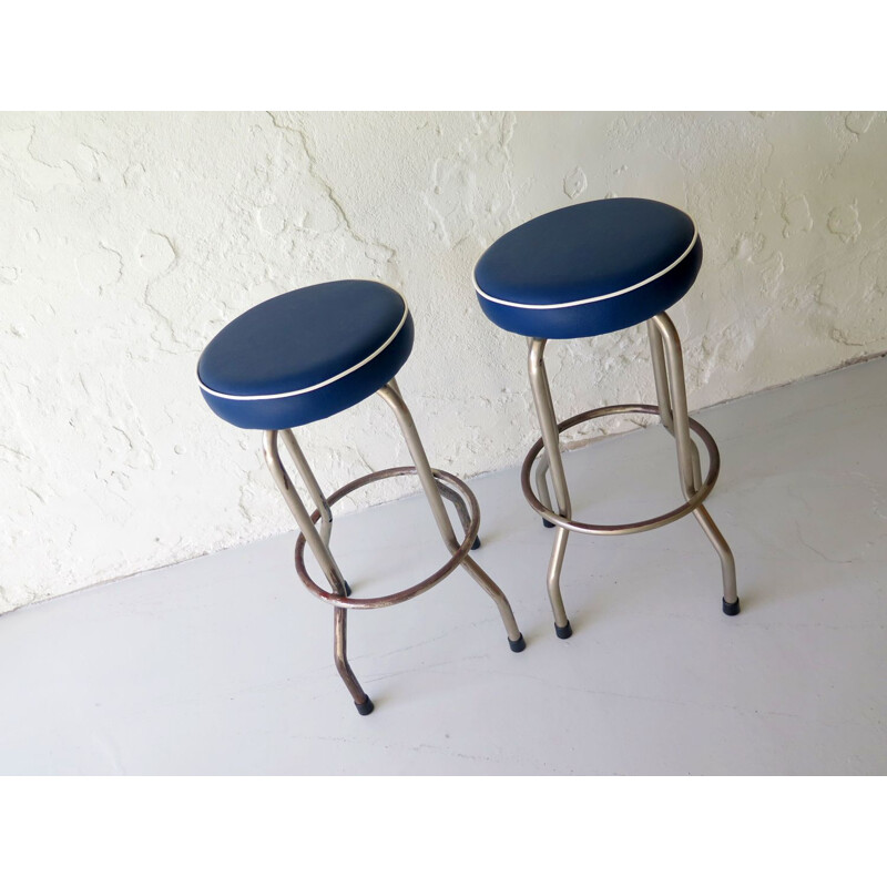 Pair of  vintage blue metal and imitation leather stools 1950s