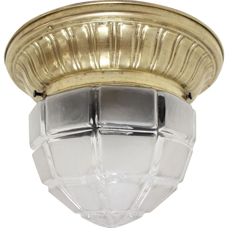 Vintage art deco ceiling light in glass and brass, Czechoslovakia 1930