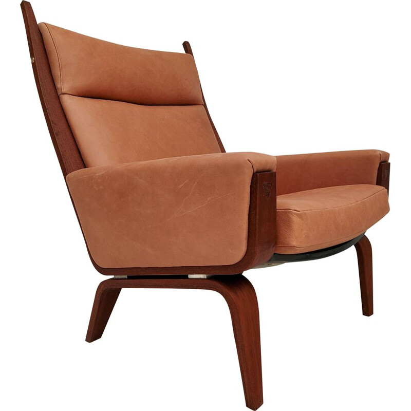 Sillón vintage de caoba, cuero H.J.Wegner, GE501A, Dinamarca 1970