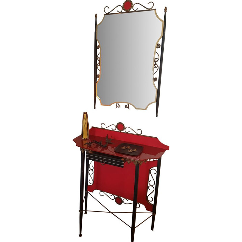 Vintage Coiffeuse set with Mirror and small Cabinet italian 1950s