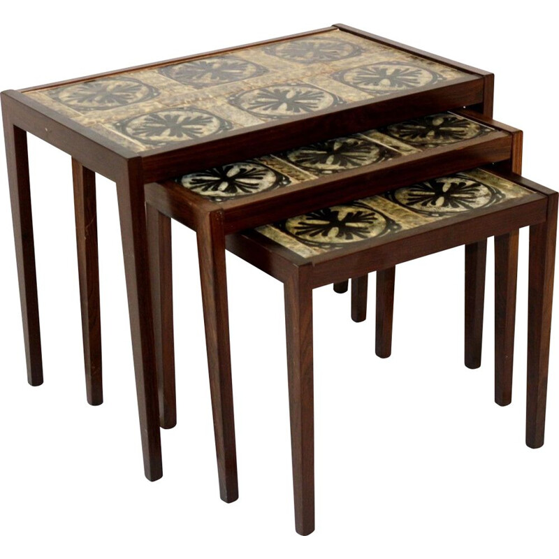 Vintage nesting tables in rosewood and ceramic, Sweden 1960