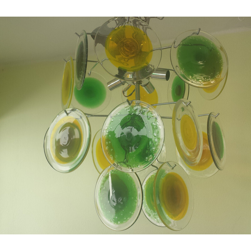 Vintage Green and Yellow Muranoglass Disc Chandelier by  Gino Vistosi, 1950