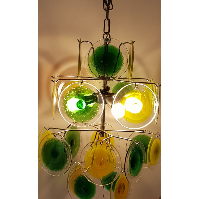 Lustre vistage à disque en verre de Murano vert et jaune de Gino Vistosi, 1950