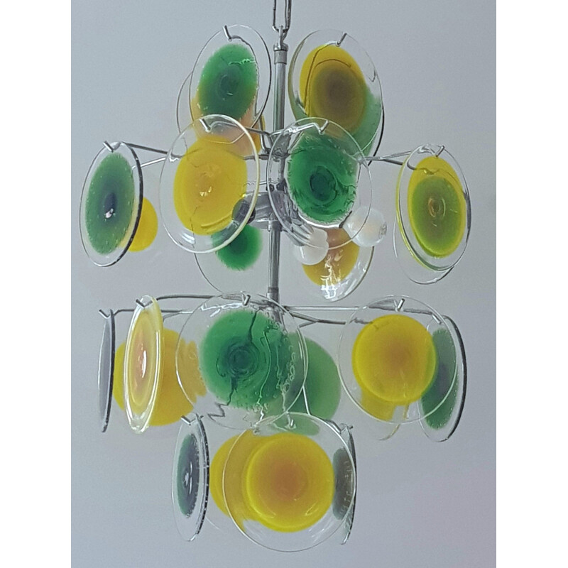 Lustre vistage à disque en verre de Murano vert et jaune de Gino Vistosi, 1950