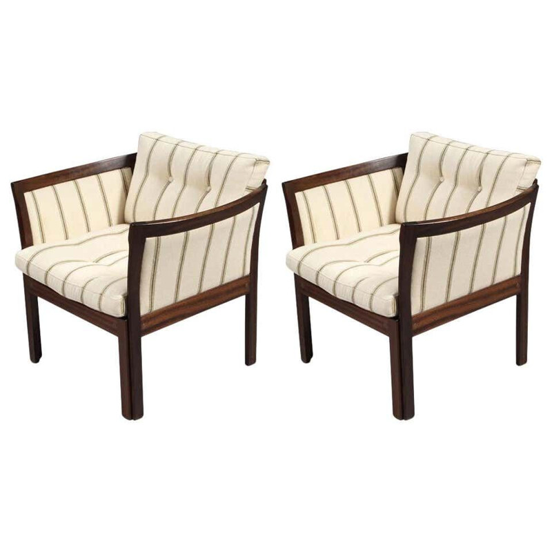 Pair of vintage mahogany and white plexus chairs by Illum Wikkelso for CFC Silkeborg, Denmark 1960