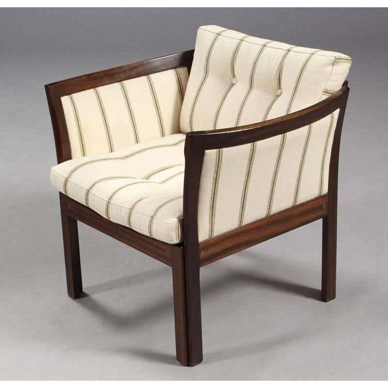 Paire de fauteuils vintage en acajou et tissu blanc plexus par Illum Wikkelso pour CFC Silkeborg, Danemark 1960