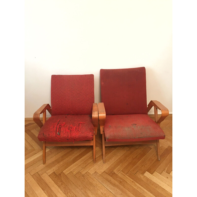 Pair of vintage red armchairs by Frantisek Jirak for Tatra Nabytok Pravenec, Czechoslovakia 1960