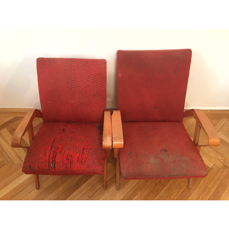 Pair of vintage red armchairs by Frantisek Jirak for Tatra Nabytok Pravenec, Czechoslovakia 1960