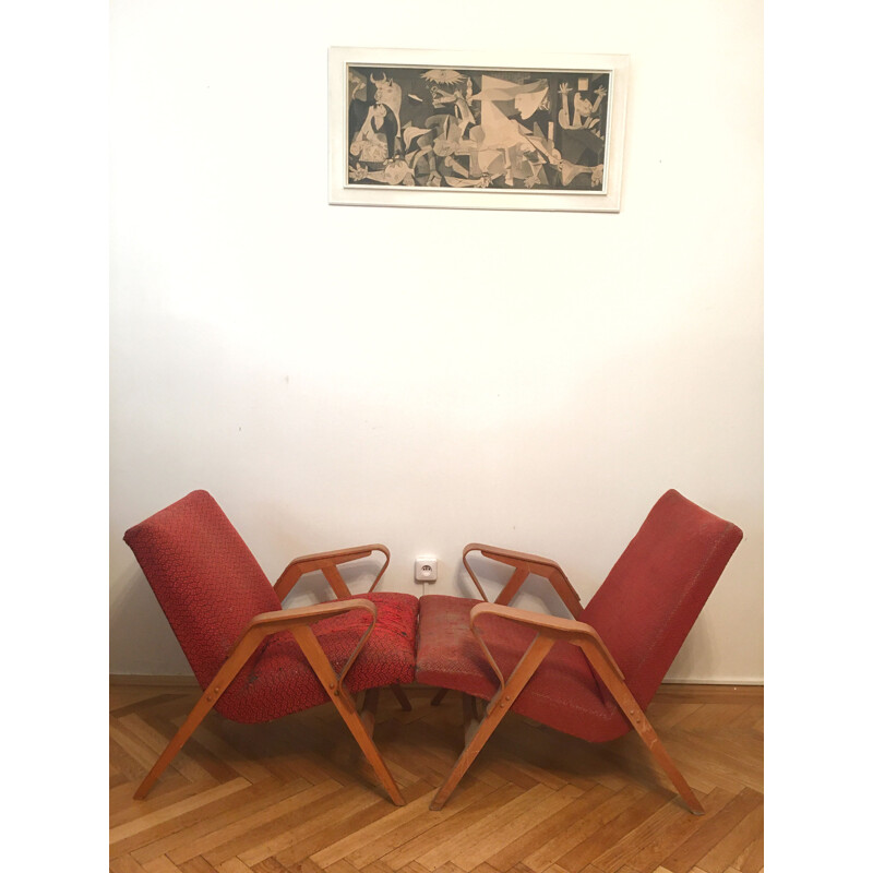 Paar vintage rode fauteuils van Frantisek Jirak voor Tatra Nabytok Pravenec, Tsjechoslowakije 1960