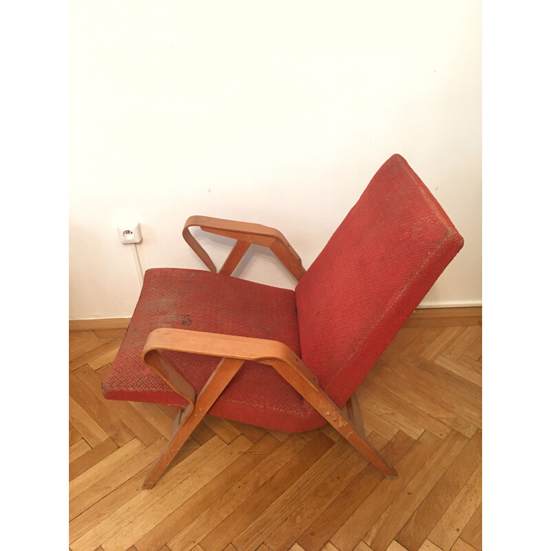 Paar vintage rode fauteuils van Frantisek Jirak voor Tatra Nabytok Pravenec, Tsjechoslowakije 1960