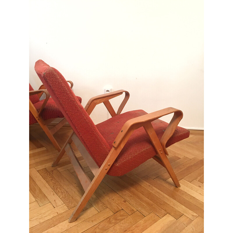 Pair of vintage red armchairs by Frantisek Jirak for Tatra Nabytok Pravenec, Czechoslovakia 1960