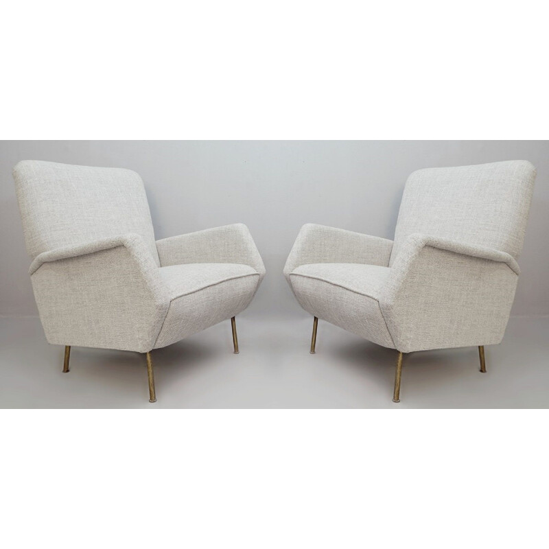 Pareja de sillones de latón vintage tapizados de nuevo en gris claro modelo 803 versión MarlGio Ponti