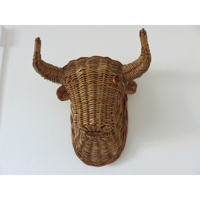 Vintage minotaur bull head in rattan 1960