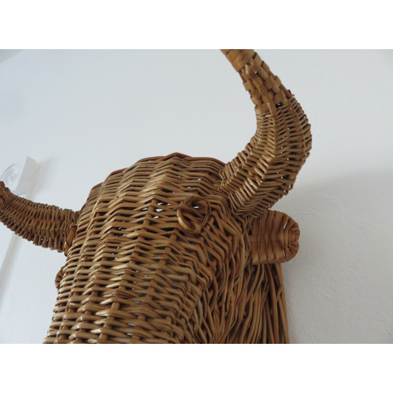 Vintage minotaur bull head in rattan 1960