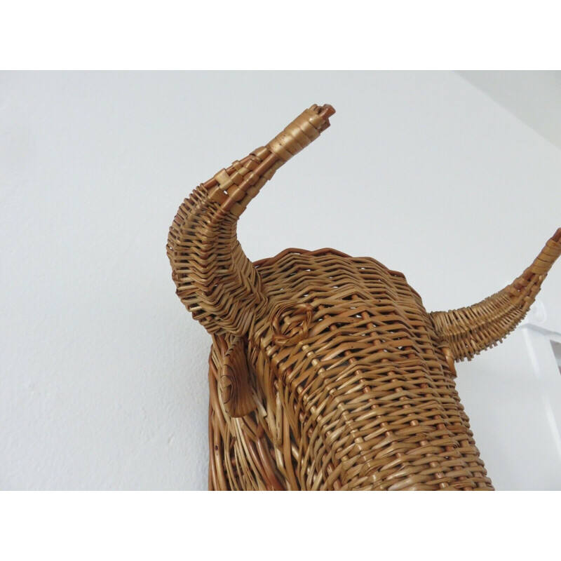 Vintage minotaur bull head in rattan 1960