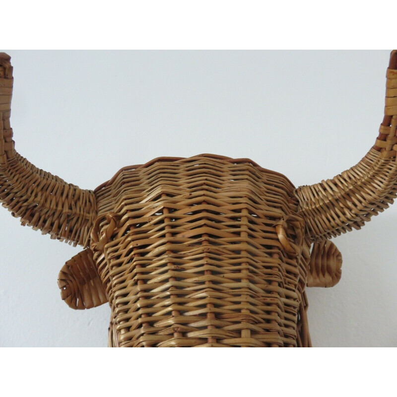 Vintage minotaur bull head in rattan 1960