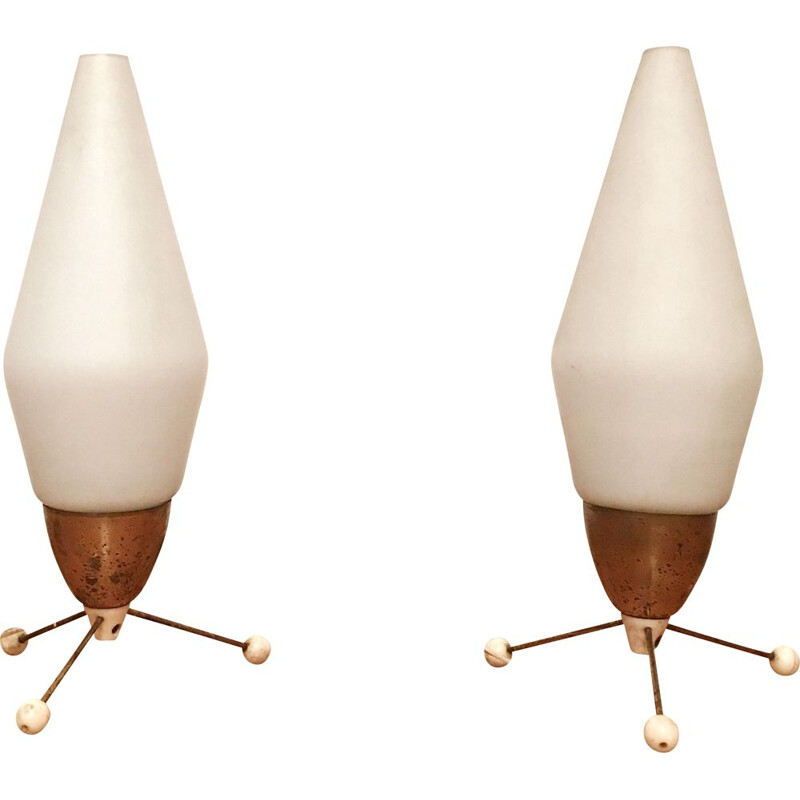 Pair of vintage glass and metal bedside lamps rocket spaceships by Kamenický Šenov, Czechoslovakia 1960