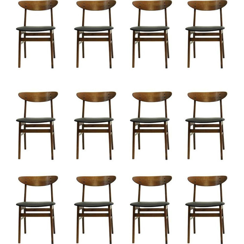 Set of 12 vintage Danish Dining Chairs in Teak and Beech, by Th. Harlev for Farstrup Mobler 1960s