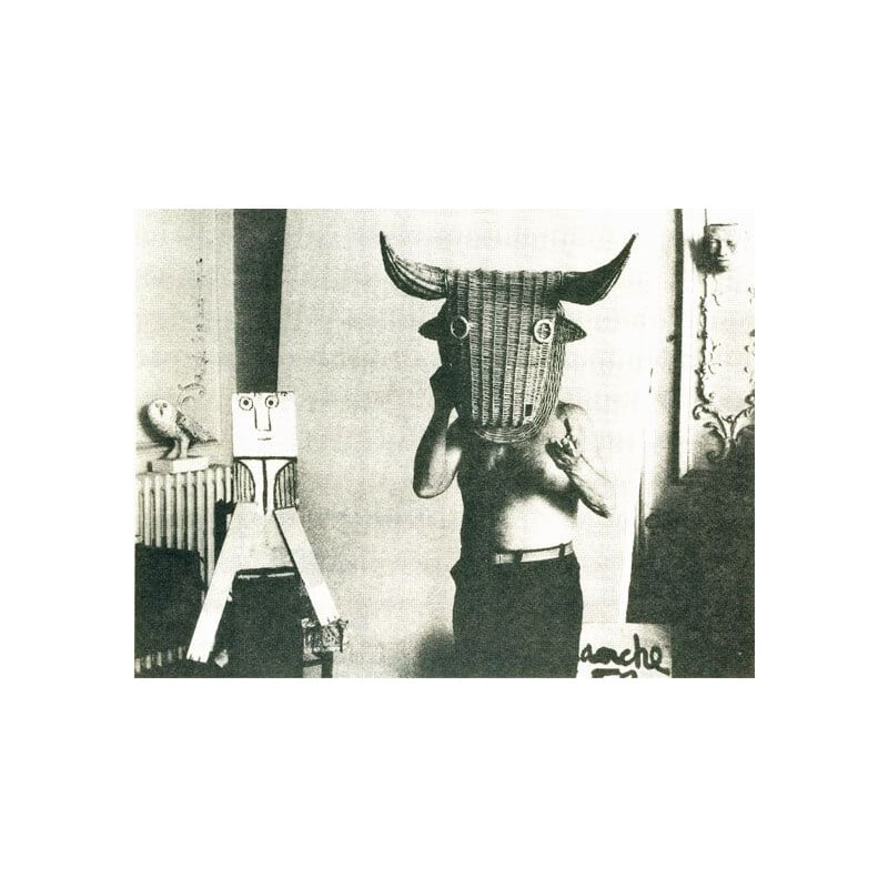 Vintage minotaur bull head in rattan 1960
