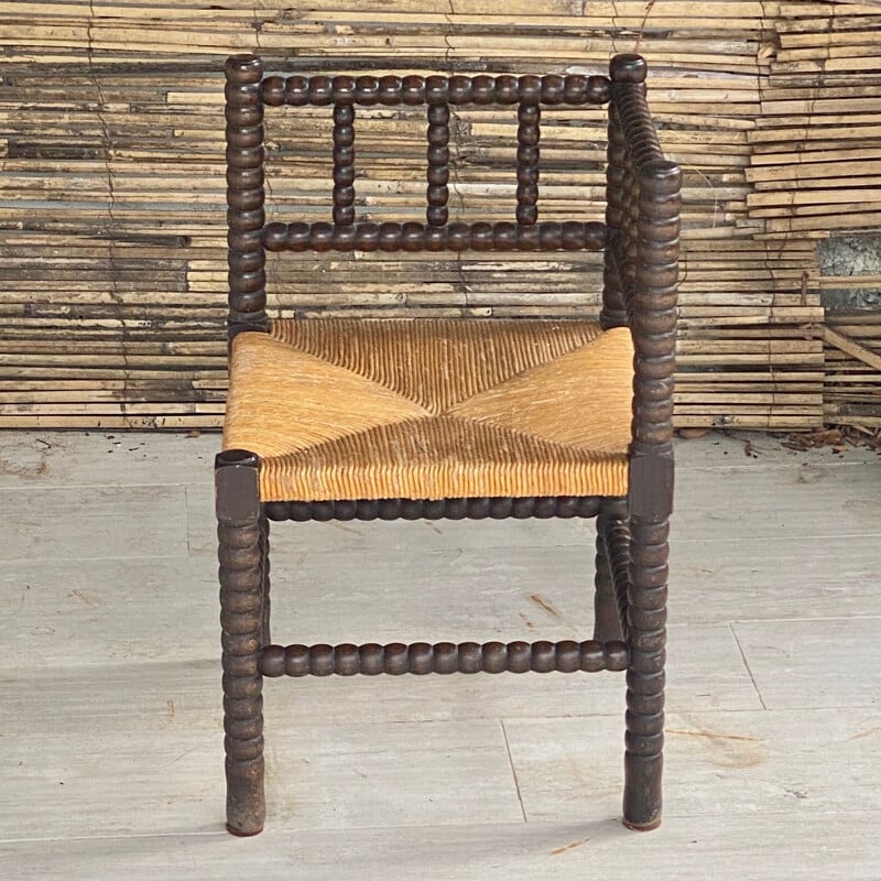 Vintage stool in wood and straw, brown and yellow, France 1970