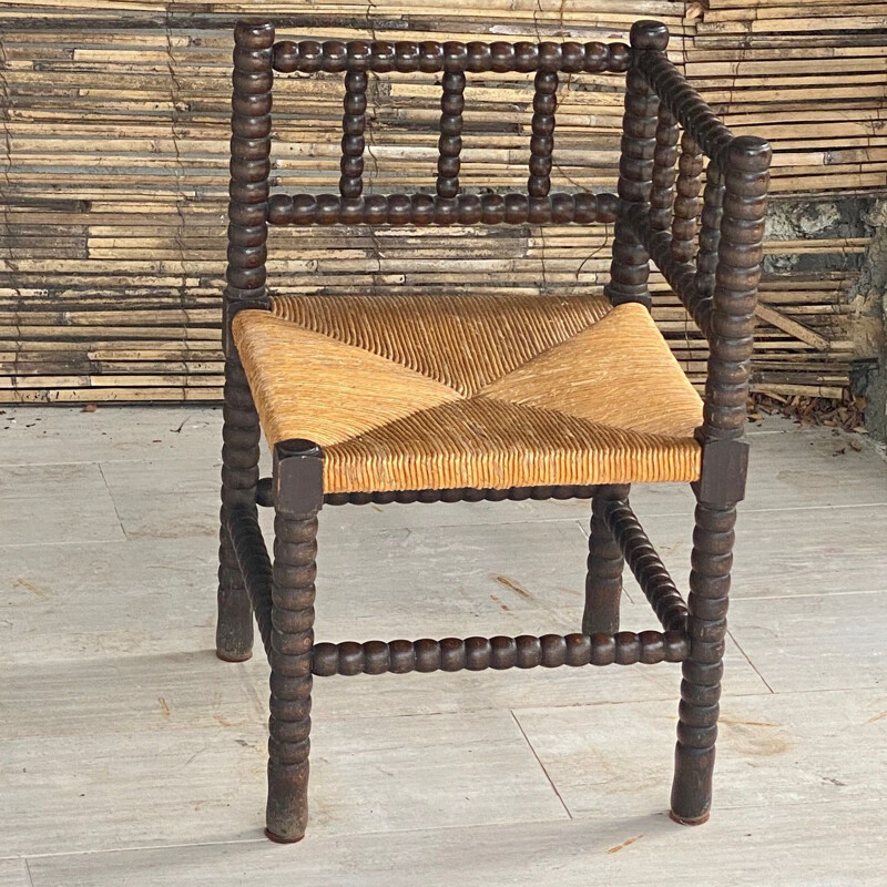 Tabouret vintage en bois et paille, marron et jaune, France 1970