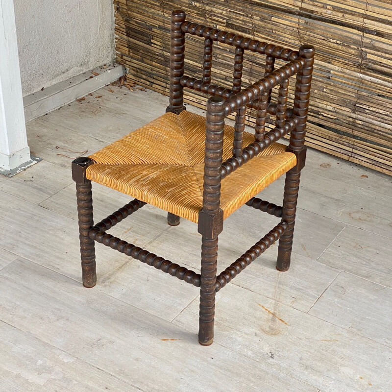 Tabouret vintage en bois et paille, marron et jaune, France 1970