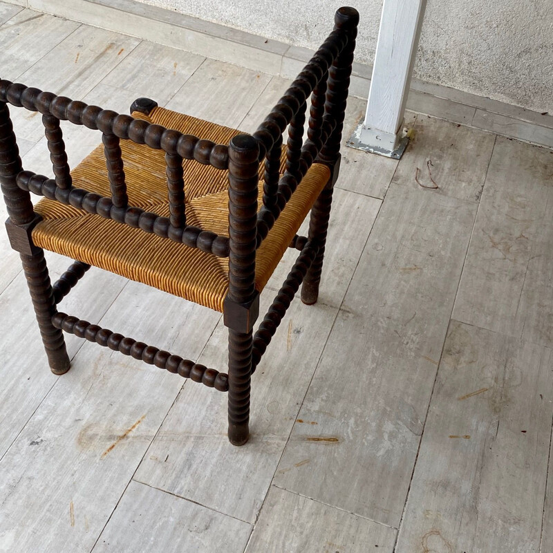 Tabouret vintage en bois et paille, marron et jaune, France 1970