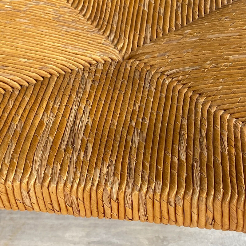 Tabouret vintage en bois et paille, marron et jaune, France 1970