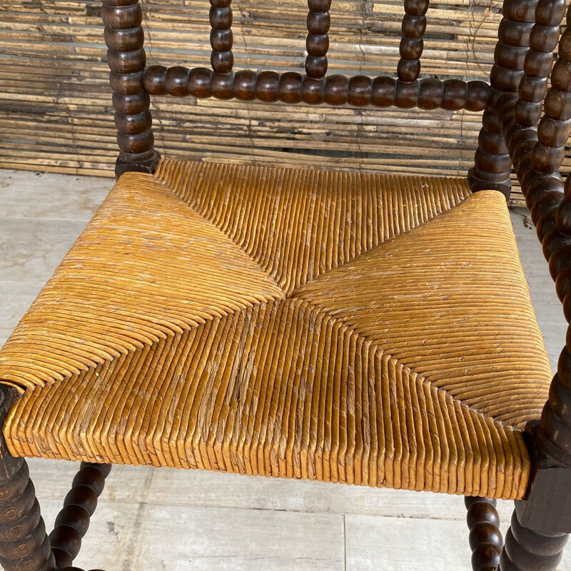 Vintage stool in wood and straw, brown and yellow, France 1970