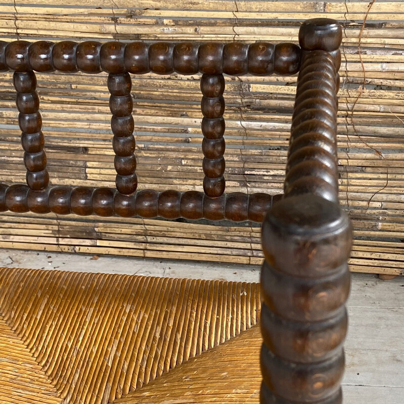 Tabouret vintage en bois et paille, marron et jaune, France 1970