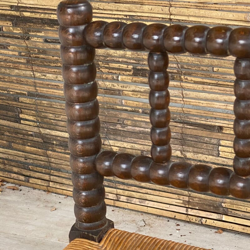 Vintage stool in wood and straw, brown and yellow, France 1970