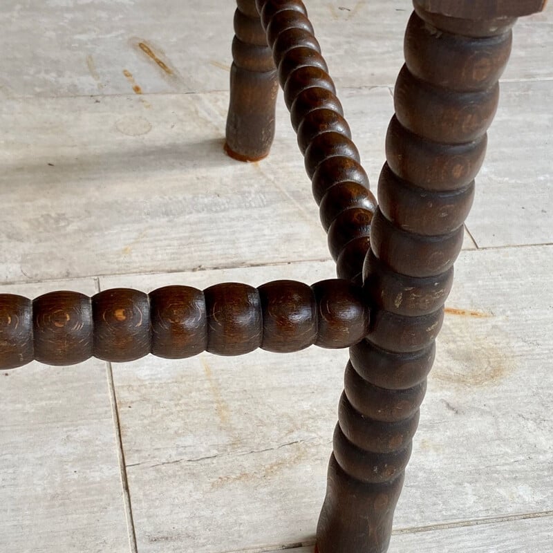 Vintage stool in wood and straw, brown and yellow, France 1970