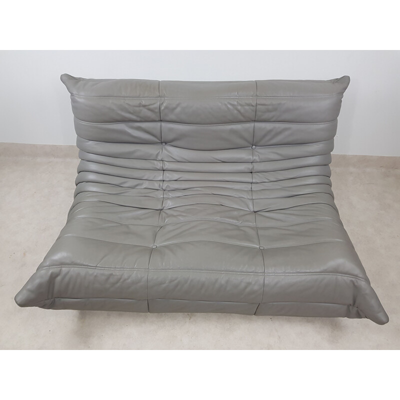 Vintage Togo 2 seater sofa in mouse grey leather by Michel Ducaroy for Ligne Roset