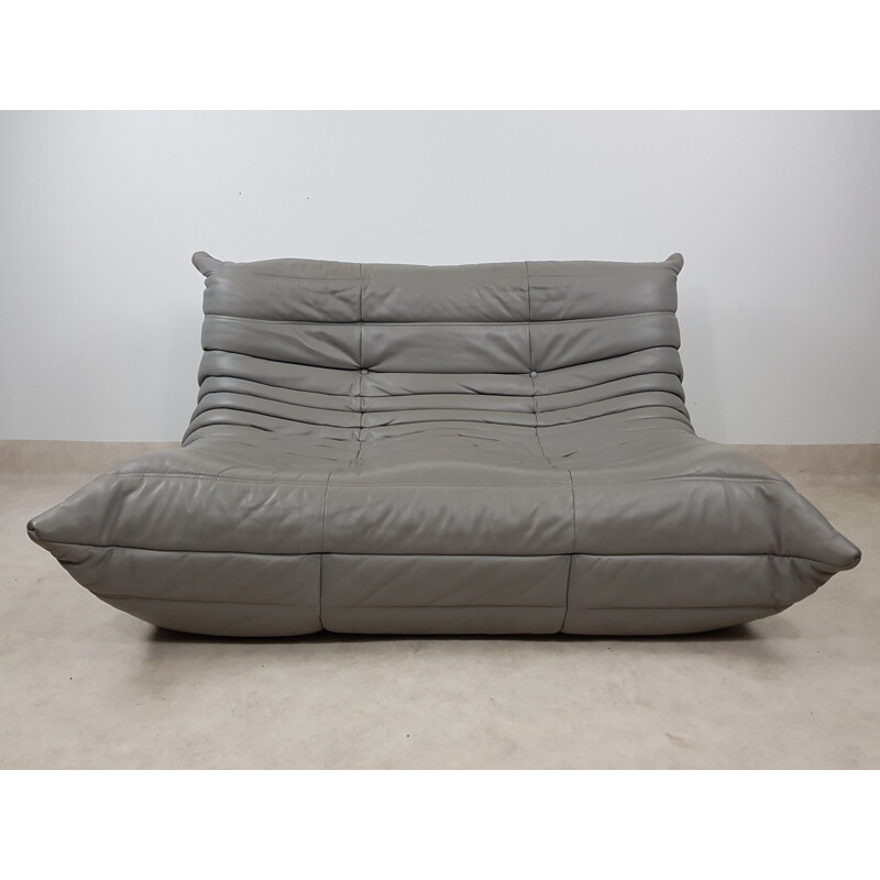 Vintage Togo 2 seater sofa in mouse grey leather by Michel Ducaroy for Ligne Roset