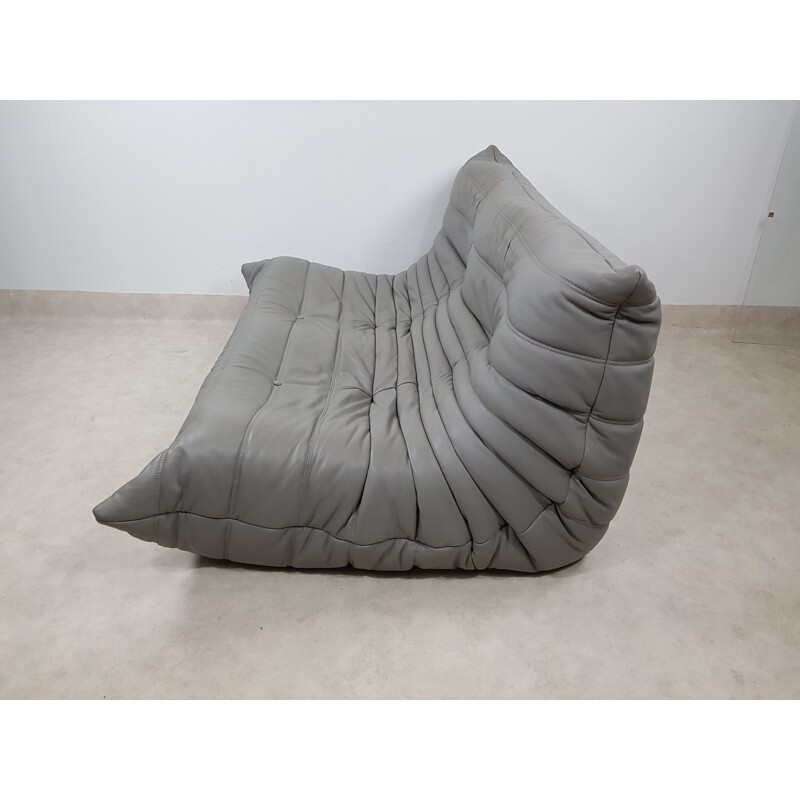 Vintage Togo 2 seater sofa in mouse grey leather by Michel Ducaroy for Ligne Roset