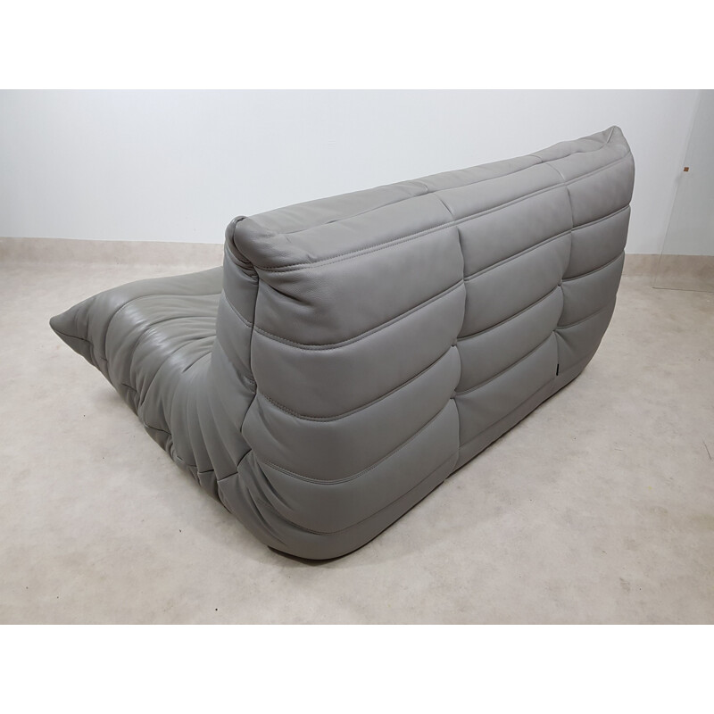 Vintage Togo 2 seater sofa in mouse grey leather by Michel Ducaroy for Ligne Roset