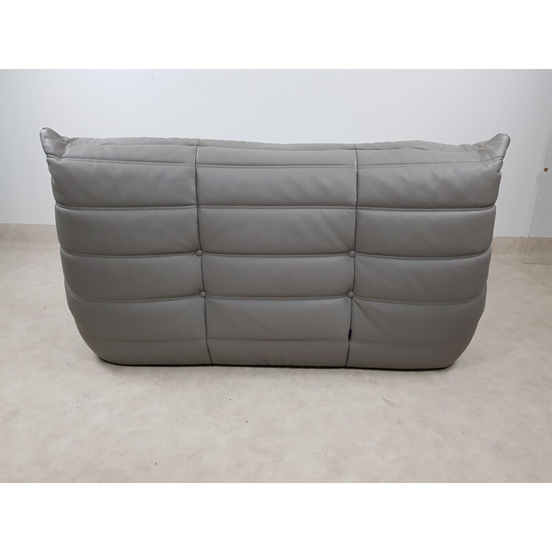 Vintage Togo 2 seater sofa in mouse grey leather by Michel Ducaroy for Ligne Roset
