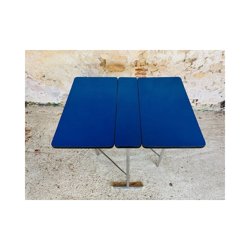 Table Pliante Vintage en Formica Bleu, Pieds Chromes 1960