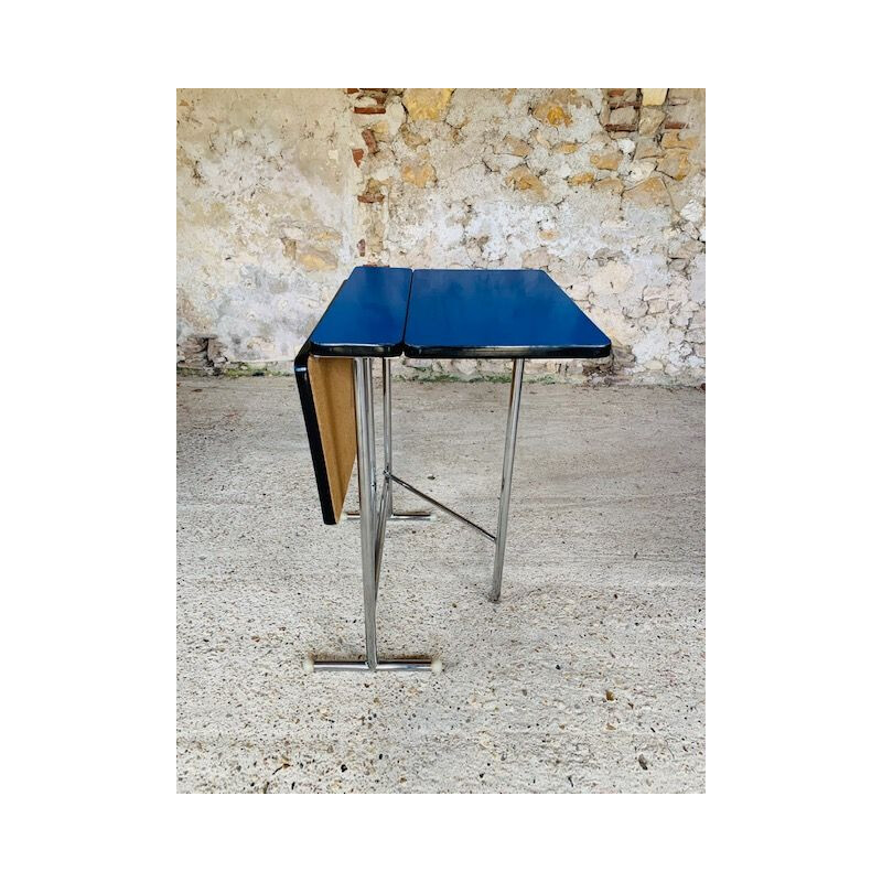 Vintage Folding Table in Blue Formica, Chrome Legs 1960