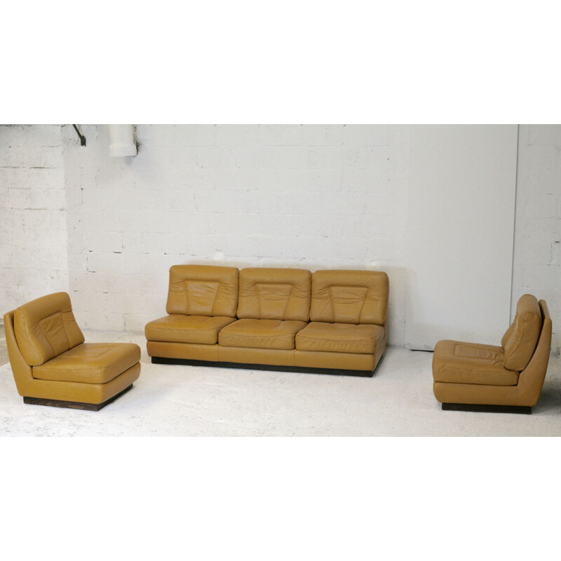 Set of sofa and pair of vintage leather chauffeuses by Jacques Charpentier in dark yellow leather France, circa 1970.