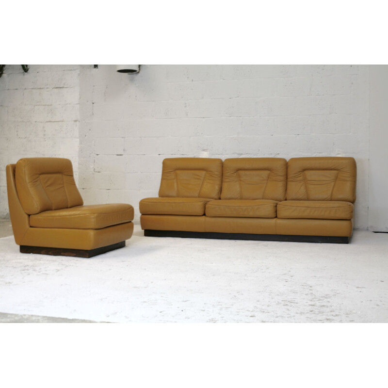 Set of sofa and pair of vintage leather chauffeuses by Jacques Charpentier in dark yellow leather France, circa 1970.