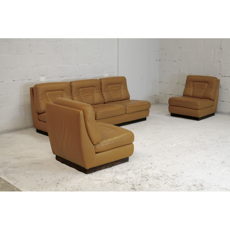Set of sofa and pair of vintage leather chauffeuses by Jacques Charpentier in dark yellow leather France, circa 1970.