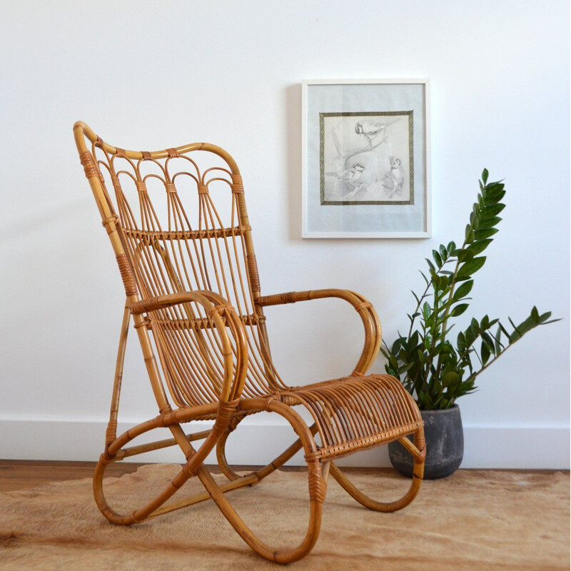 Vintage armchair in Rattan and Bamboo by Dirk van Sliedregt for Rohe Noordwolde, 1950