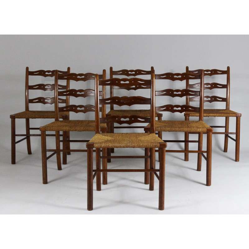 Set of 6 vintage oak dining chairs with woven rush seat from the first half of the 20th century