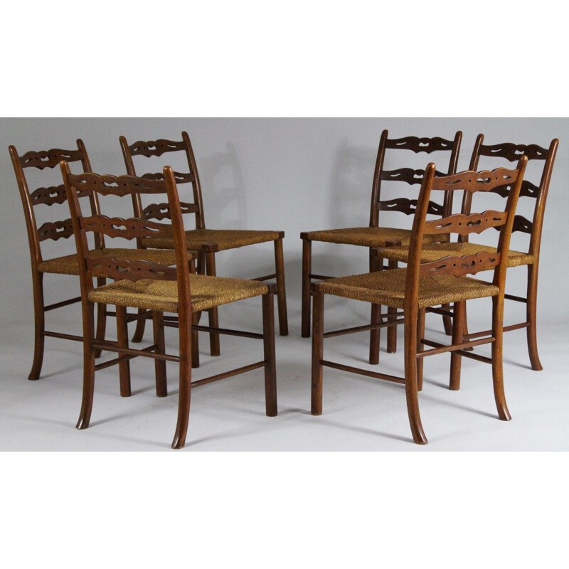 Ensemble de 6 chaises de vintage en chêne avec siège en jonc tressé de la première moitié du 20e siècle