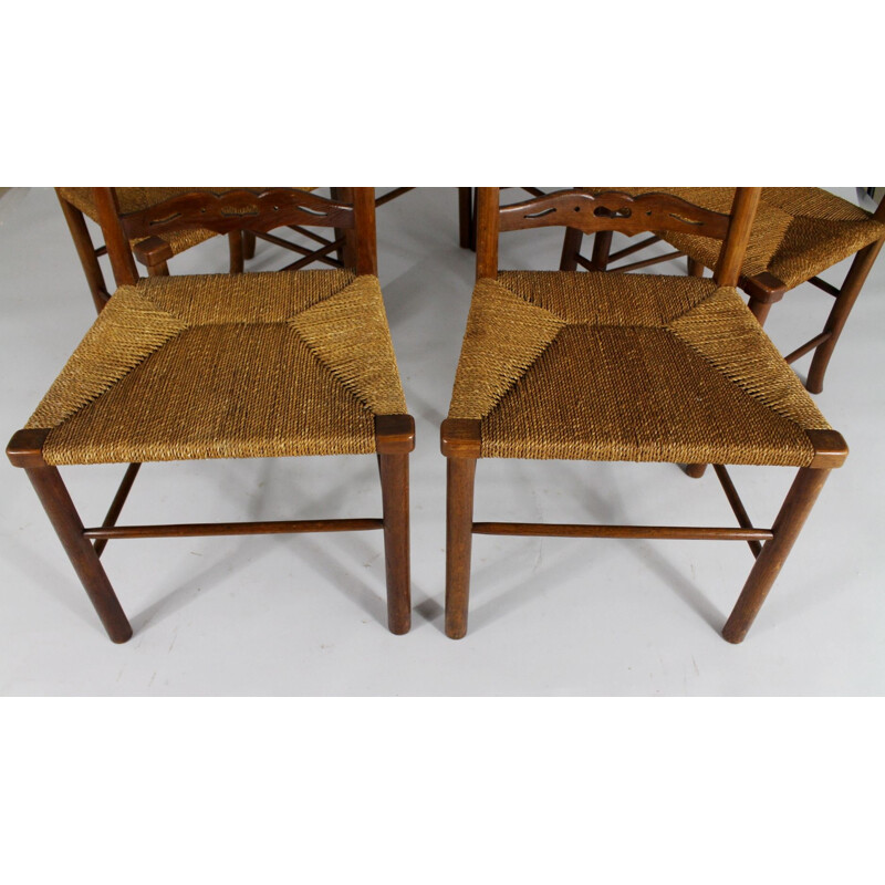 Set of 6 vintage oak dining chairs with woven rush seat from the first half of the 20th century