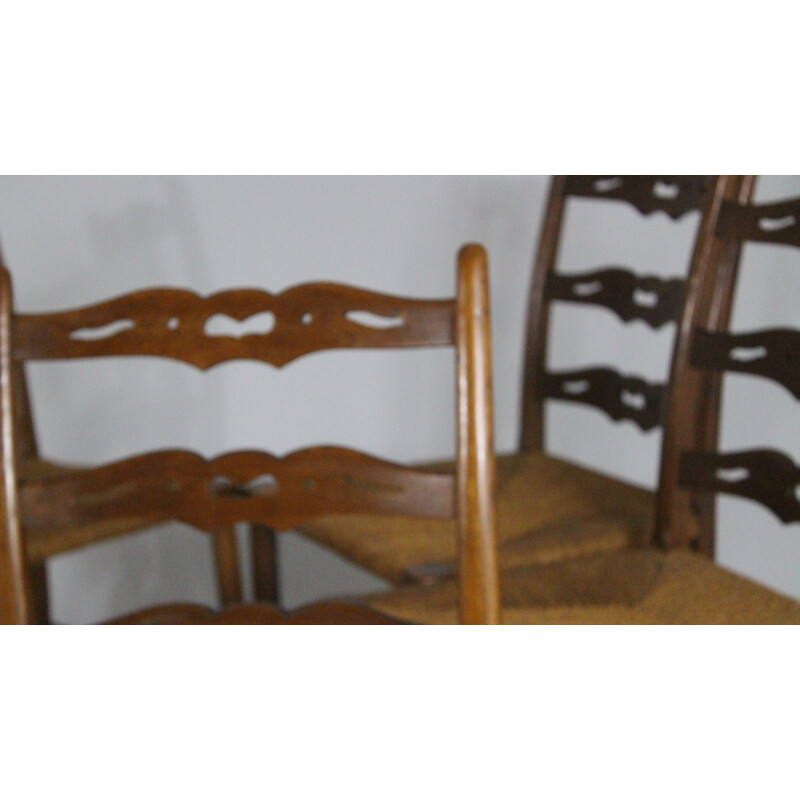 Set of 6 vintage oak dining chairs with woven rush seat from the first half of the 20th century