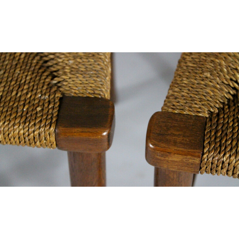 Set of 6 vintage oak dining chairs with woven rush seat from the first half of the 20th century