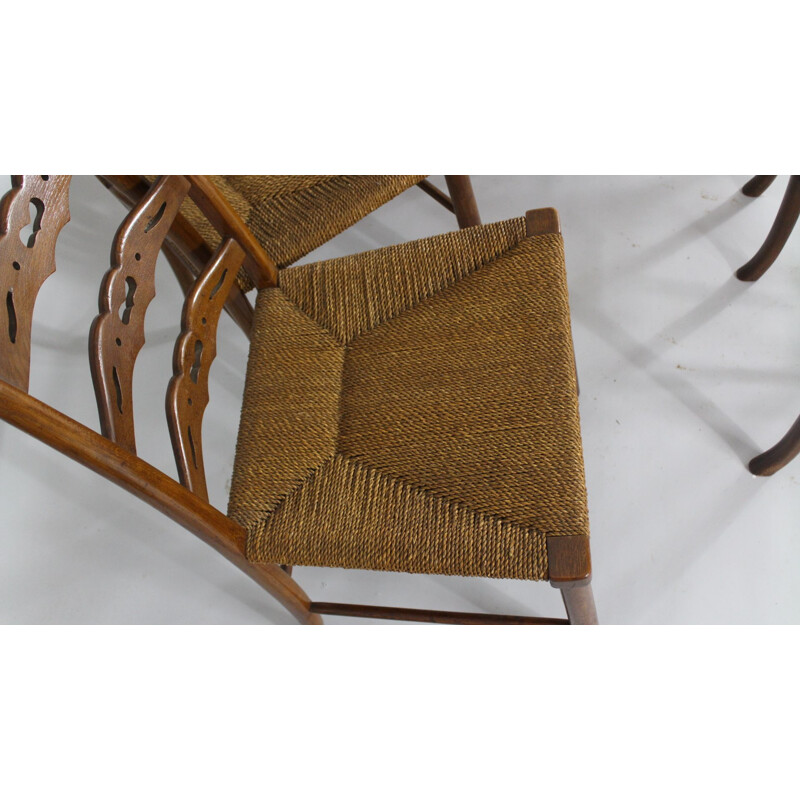 Set of 6 vintage oak dining chairs with woven rush seat from the first half of the 20th century