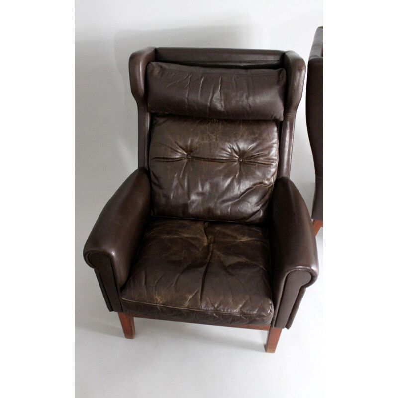 Paire de fauteuils club vintage en cuir scandinave 1970